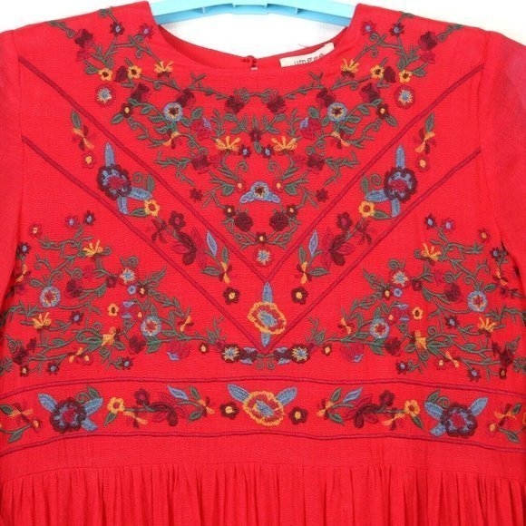 Umgee Boho Babydoll Short‎ Mini Dress Red Floral Embroidered S Small - Picture 11 of 12